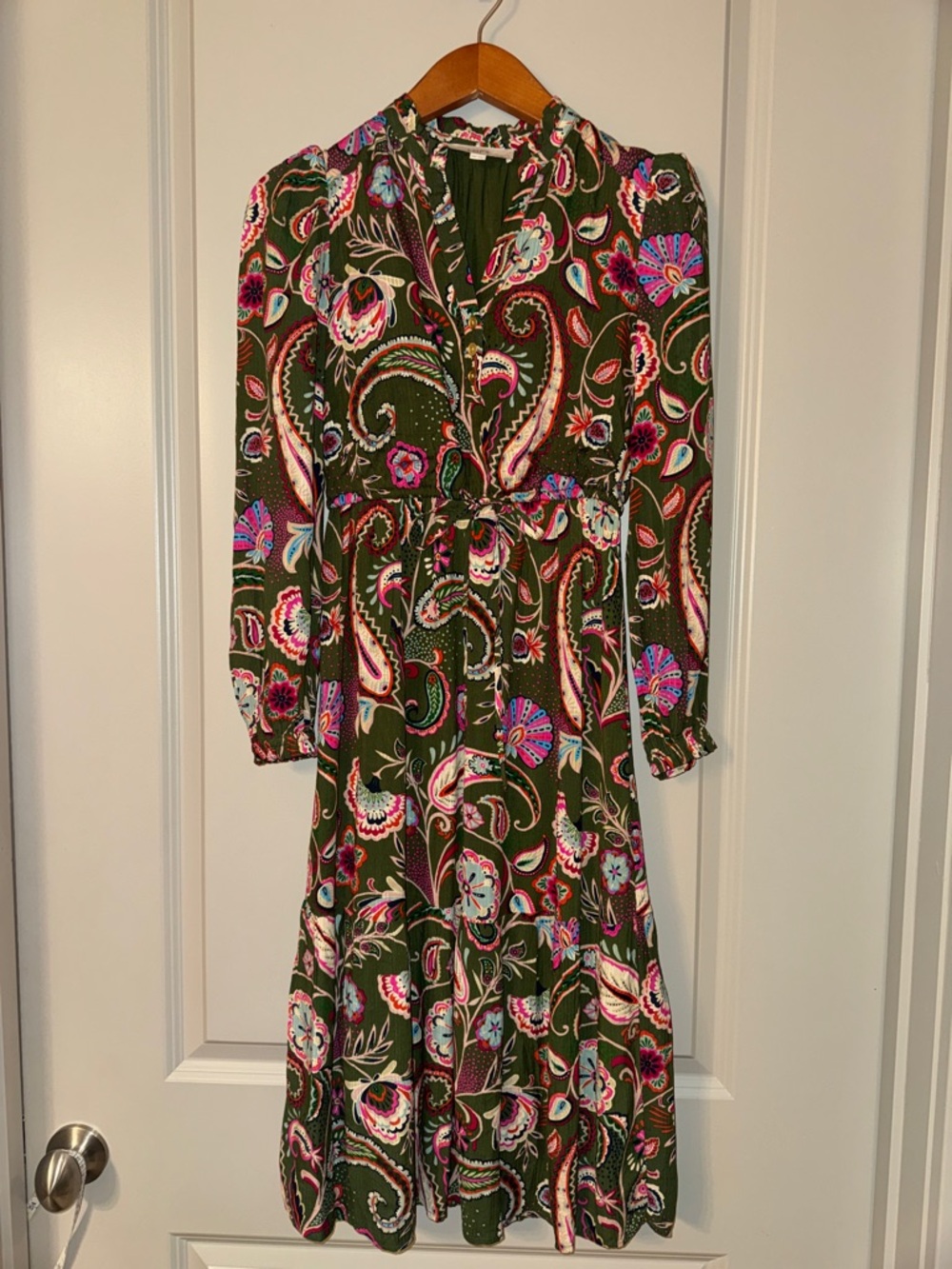 LOFT Olive Green Paisley Long-Sleeve Midi Dress XSP